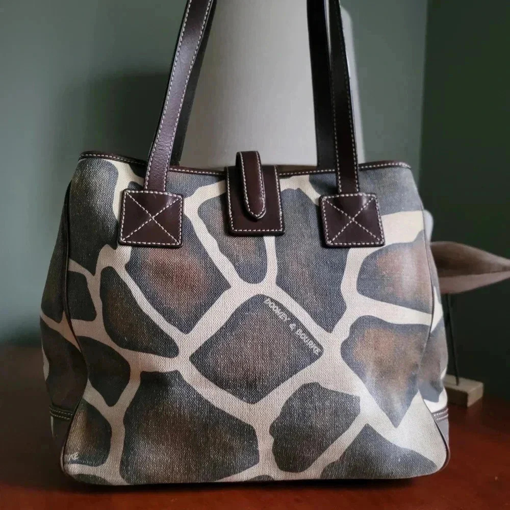 Dooney & Bourke Giraffe Print Safari Tote Brown Leather Canvas Bag - Picture 4 of 16